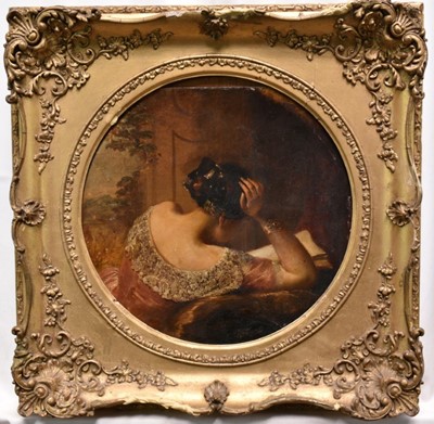 Lot 934 - Frank Stone (1800-1859) mid 19th century, oil on board - A Girl Reading, signed verso, tondo 30cm, in gilt frame