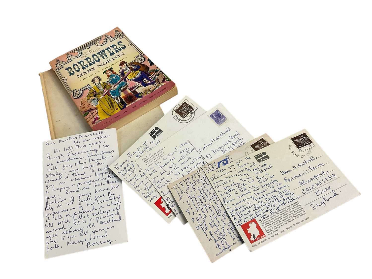 Lot 1704 - Mary Norton - The Borrowers, early edition 1953, signed and dedicated by the author, together with a hand signed Dutch edition and also five postcards from the author. Provenance: by family descent...