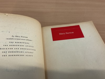 Lot 1704 - Mary Norton - The Borrowers, early edition 1953, signed and dedicated by the author, together with a hand signed Dutch edition and also five postcards from the author. Provenance: by family descent...