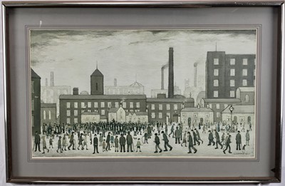 Lot 202 - After L S Lowry coloured print - Outside the Mills, 29cm x 50cm, in glazed frame