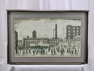 Lot 202 - After L S Lowry coloured print - Outside the Mills, 29cm x 50cm, in glazed frame