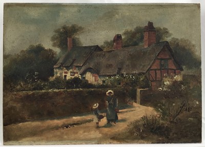 Lot 199 - English School circa 1920 oil on board - Mother and child on a track near cottages, 25cm x 35cm, unframed