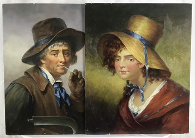 Lot 198 - R J West after Barker of Bath Mid 20th Century oil on panel, a pair - Country Folk portraits of a Lady and a Gentleman, signed