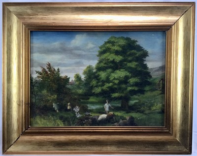 Lot 201 - Continental School circa 1940s oil on board - Figures in an extensive wooded field, 24cm x 34cm, framed