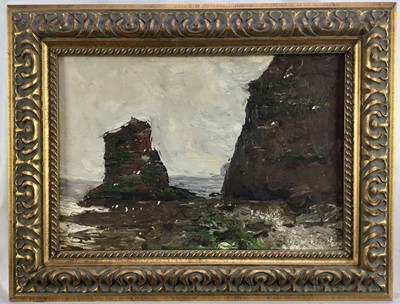 Lot 195 - Follower of Julius Olsen oil on card laid on board - Rocky Beach at Low Tide, 23cm x 34cm, framed