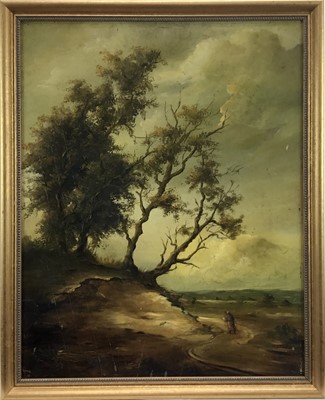 Lot 204 - 18th Century Continental School oil on panel - An overcast wooded landscape with a figure on a track, 49cm x 39cm, framed