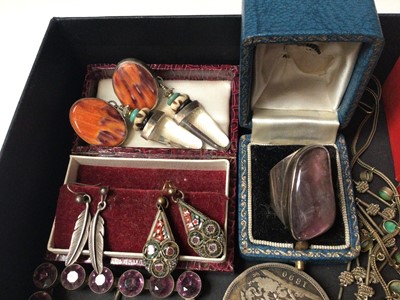 Lot 48 - Group of vintage silver jewellery, paste set buckle, pair of cameo earrings, silver and enamel fob, two 1940s enamelled Butlins pins, cultured pearl necklace and other bijouterie