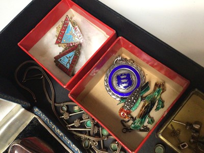 Lot 48 - Group of vintage silver jewellery, paste set buckle, pair of cameo earrings, silver and enamel fob, two 1940s enamelled Butlins pins, cultured pearl necklace and other bijouterie