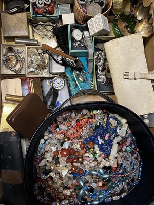 Lot 52 - Large group of costume jewellery including various vintage bead necklaces, wristwatches, bangles, Stratton lipstick compact and set of Salter air traveller B.O.A.C scales