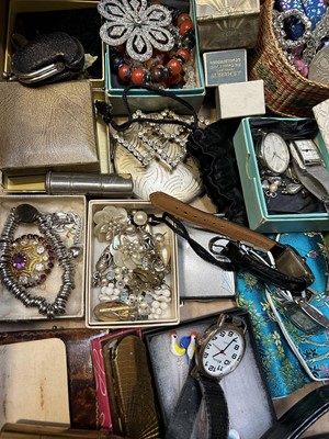 Lot 52 - Large group of costume jewellery including various vintage bead necklaces, wristwatches, bangles, Stratton lipstick compact and set of Salter air traveller B.O.A.C scales