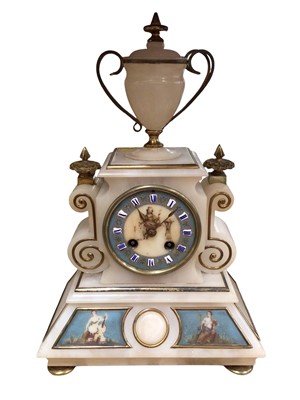 Lot 339 - Victorian alabaster mantle clock with brass mounts, 36.5cm high