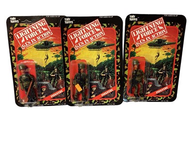 Lot 26 - Topco Tiny Tuffys (c1970's) Lightning Force G.I's in Action 3 1/2" action figures including Infantryman (x3), Commando (x2) & Radio Man, all on card with bubblepack (6)