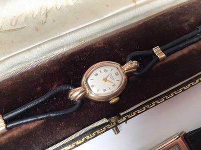 Lot 221 - 1930s gentlemen’s 9ct gold 'Derrick' wristwatch on leather strap and a 1940s ladies Longines 9ct gold wristwatch with original receipt and box