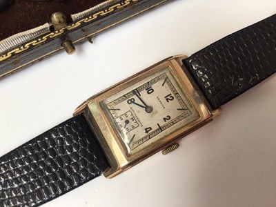 Lot 221 - 1930s gentlemen’s 9ct gold 'Derrick' wristwatch on leather strap and a 1940s ladies Longines 9ct gold wristwatch with original receipt and box