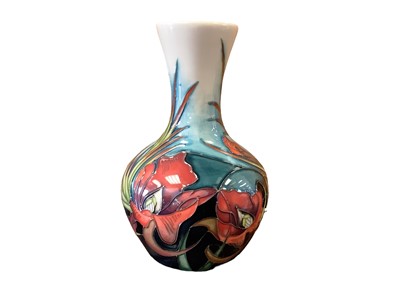 Lot 1137 - Moorcroft pottery Trial vase decorated with red flowers, dated 3/11/08, 18.5cm high