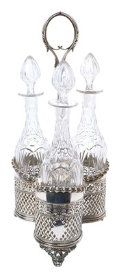 Lot 265 - A good quality Dixon silver plated three-bottle decanter stand, with cut glass decanters