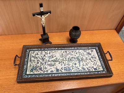 Lot 2422 - A carved bone Christ on wooden crucifix, together with a Chinese bronze vase and a printed Chinese tray (3)
