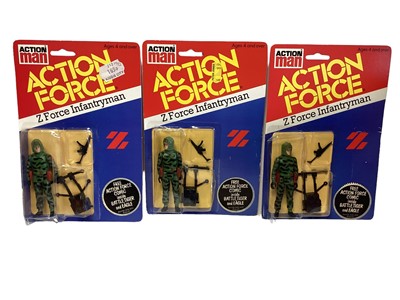 Lot 17 - Palitoy Action Man Action Force Z Force Sapper (x2) & Infantryman (x3), on card with blister pack (5)