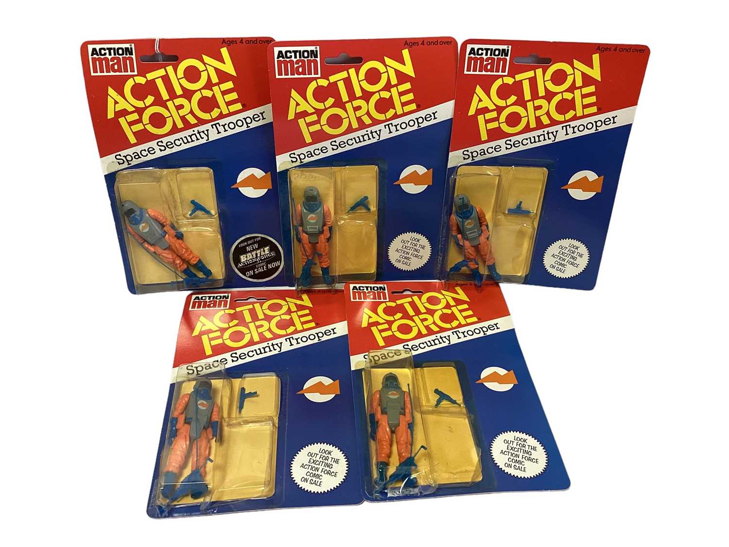 Lot 18 - Palitoy Action Man Action Force Space Force Trade Box with Space Pilot (x5) & Space Security Troopers (x5), on card with blister pack (10)