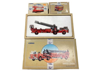 Lot 1928 - Die cast Corgi larger boxed models including fire engine, trams, coaches etc. In two boxes.