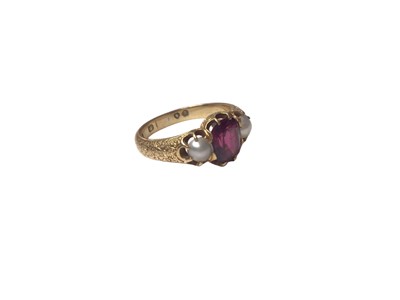 Lot 85 - Antique gold ruby and pearl three stone ring (London 1916)