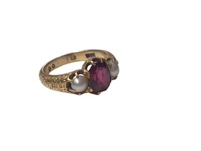 Lot 85 - Antique gold ruby and pearl three stone ring (London 1916)