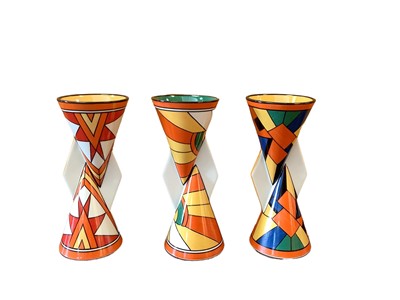 Lot 1201 - Three Wedgwood Clarice Cliff limited edition vases - Sunburst, Sliced Circle and Cubist, 22.5cm high