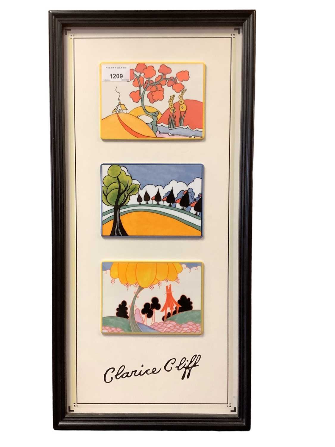 Lot 1209 - Bradex Clarice Cliff limited edition porcelain plaques mounted in a frame, 58cm x 28cm