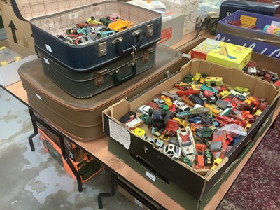 Lot 1945 - Die cast unboxed selection various manufacturers including Matchbox, Dinky, Corgi etc, in three suitcases and two boxes.