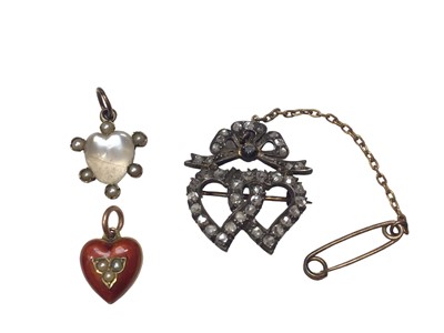 Lot 102 - Late Victorian rose cut diamond set sweetheart brooch, Edwardian moonstone and seed pearl pendant and a 9ct gold, red enamel and seed pearl heart penda...