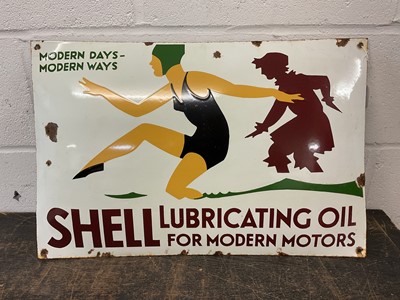 Lot 2443 - Reproduction enamel sign - 'Shell Lubricating Oil For Modern Motors - Modern Days, Modern Ways', 60cm x 40cm