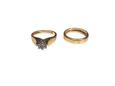 Lot 219 - 18ct gold diamond single stone ring in illusion setting and an 18ct gold wedding ring, both size I