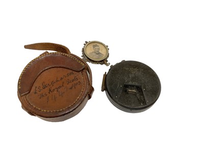 Lot 716 - Edwardian British military issue drum clinometer by Short & Mason, stamped No. 1442 and dated 1902, in brown leather case stamped J.A. Jacobs & Co, 1902, inscribed in ink L.S. Farquharson The Royal...
