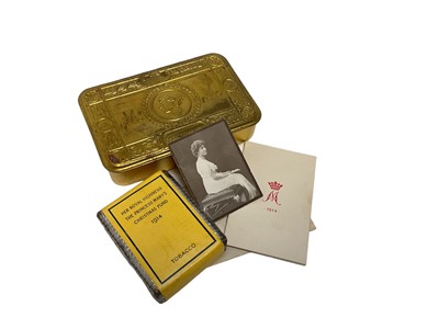Lot 722 - First World War Princess Mary Gift Tin, with partial original contents comprising tobacco packet, card and photograph.