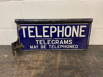 Lot 2448 - Original double-sided enamel telephone sign on bracket, 56cm x 26cm