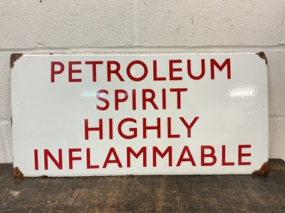 Lot 2450 - Vintage 'Petroleum Spirit Highly Flammable' enamel sign, 78.5cm x 38cm