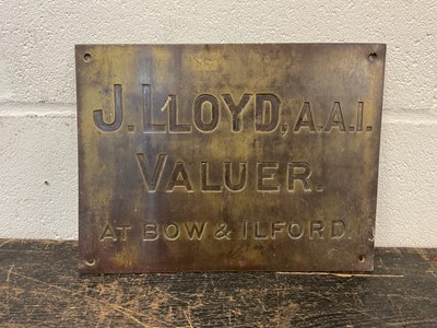 Lot 2452 - Cast brass sign - 'J. Lloyds, A.A.I. Valuer at Bow & Ilford', 30.5cm x 23cm