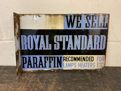 Lot 2455 - Original double-sided Royal Standard Paraffin enamel sign on bracket, 46cm x 31cm