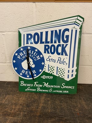 Lot 2456 - Reproduction Rolling Rock Beer enamel sign with working clock, 51cm x 44.5cm