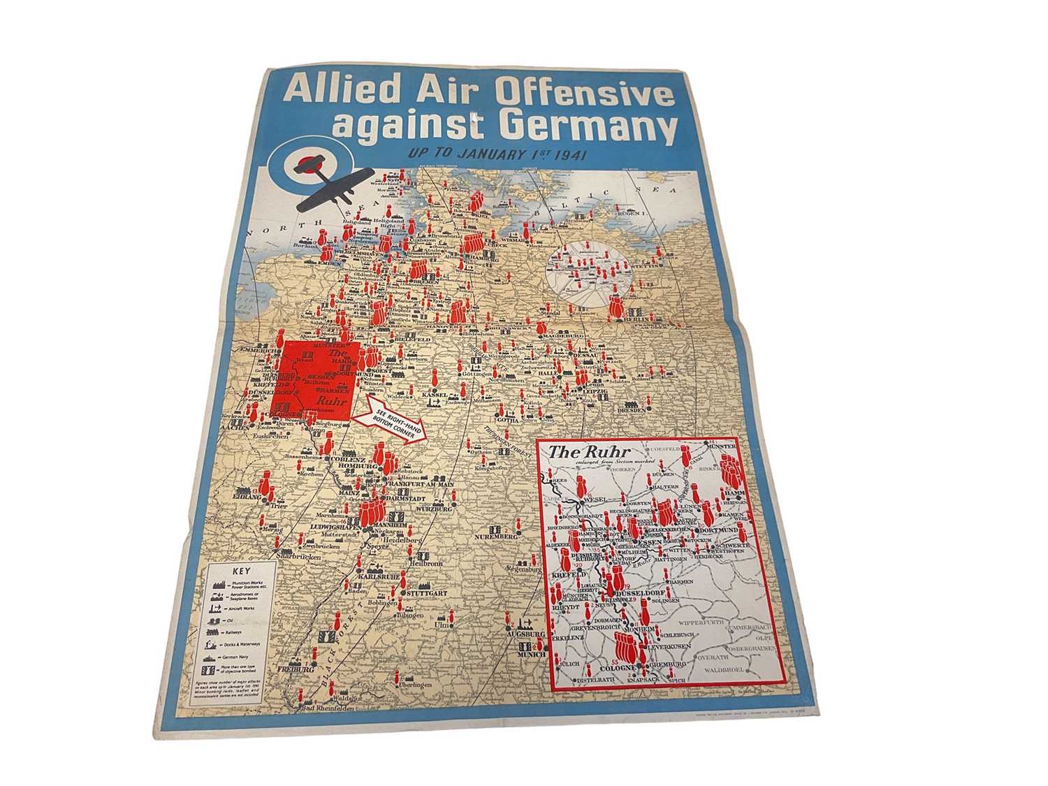 Lot 763 - Original Second World War Poster- 'Allied Air Offensive against Germany Up to January 1st 1941', printed for H.M. Stationary Office by J. Weiner Ltd London W.C.1. 51-8502, 75.5 x 50cm