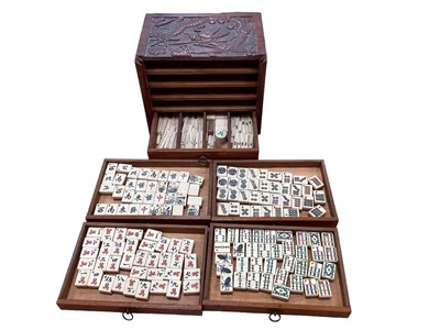 Lot 2508 - Chinese bone and bamboo Mahjong set in a carved wooden case