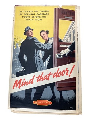 Lot 2515 - Original British Railways safety poster - Mind that door! - printed by Ernest Day, the sheet measuring 101cm x 63cm