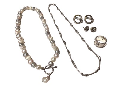 Lot 137 - Silver fancy link chain, pearl necklace with silver T-bar clasp, silver gem set ring and two pairs of earrings