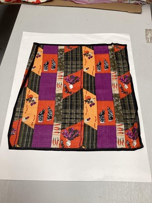 Lot 2110 - Lot of fabric swatches 1950s to 70s period, lightly mounted on card includes silk scarves. Vegetables, flowers, geometric, cowboys etc.. Good research and design inspiration.