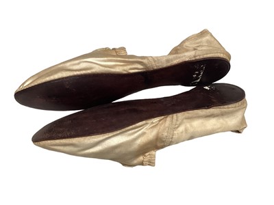 Lot 2137 - Two pairs antique ladies shoes, one leather pair and one silk pair