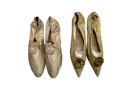 Lot 2137 - Two pairs antique ladies shoes, one leather pair and one silk pair