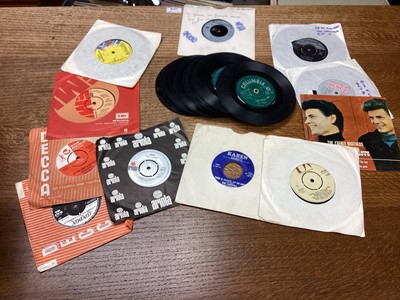 Lot 2209 - Box of single records including Capitols, Impressions, Isley Brothers, Bob Dylan, Crystals, Beatles, Elvis Presley, Cliff Richard, Everly Brothers etc