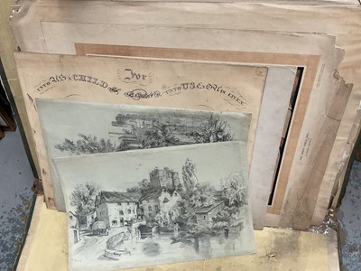Lot 109 - Two large green folders of drawings, engravings, prints,  including 19th century