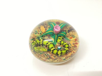 Lot 1250 - William Manson Snr signed glass paperweight, W.M cane, dated 2012, snake with flower