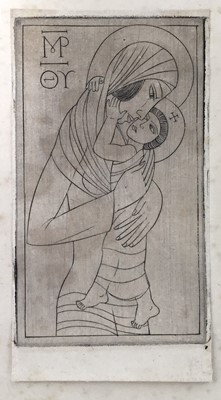 Lot 22 - Eric Gill (1882-1940) wood engraving, (intaglio) Madonna and Child, 1924 (Skelton P298) 8.5 x 5cm, mounted onto folded paper with notes and inscription verso in Gill’s hand: ‘to Capel-y-ffin Aberga...